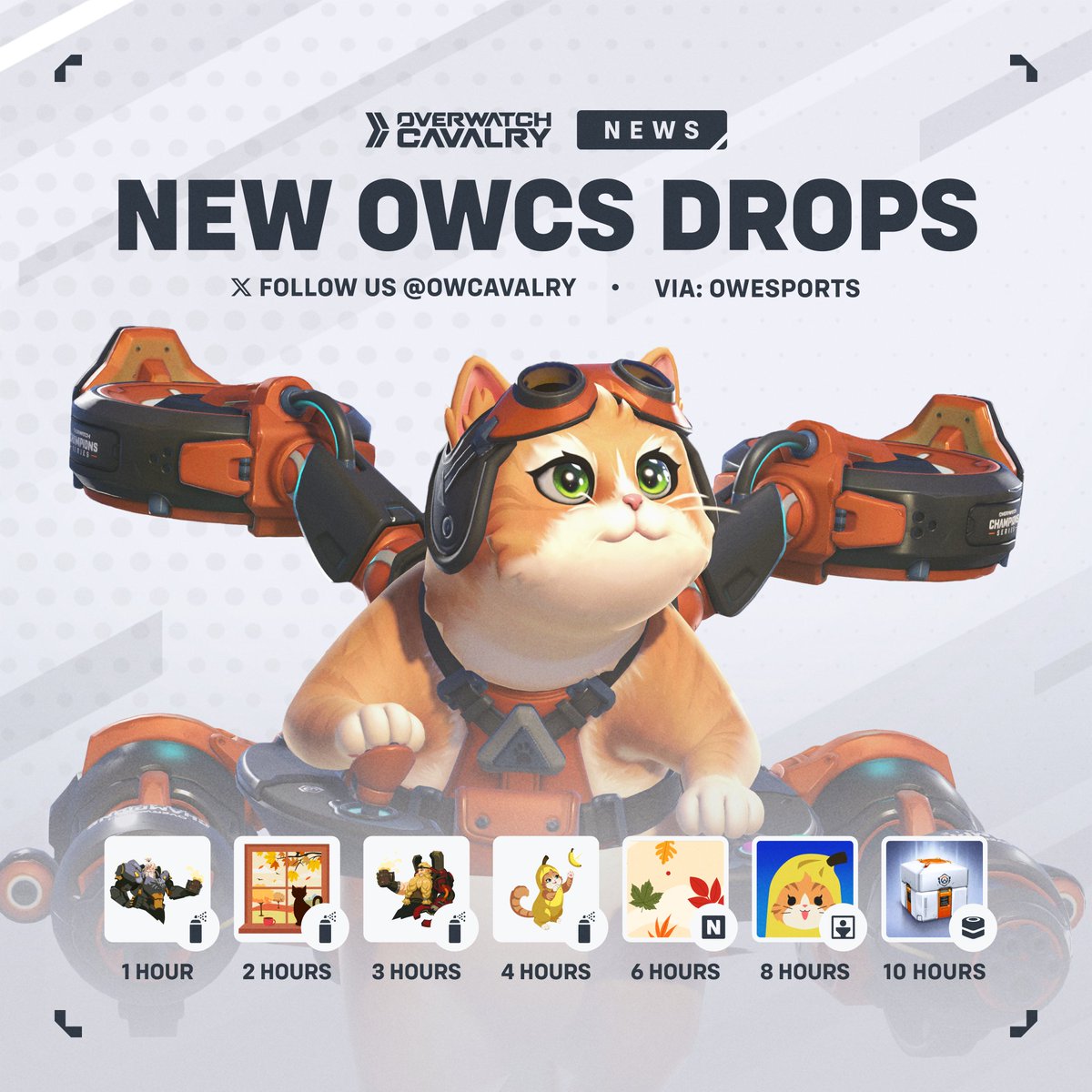 OWCavalry's tweet photo. New #OWCS Viewership Rewards ✨

Tune in to Stage 3 to earn matching Reinhardt &amp; Torbjörn cosmetics, Banana Cat rewards, and an Esports Loot Box.

🗓️ Available: Oct 10 - Oct 25 https://t.co/bPFSAhhQX6
