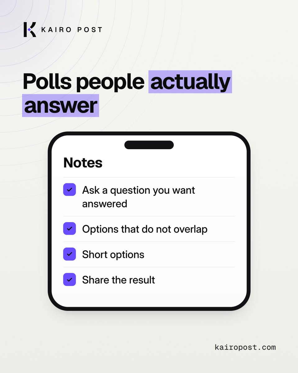 kairo_post's tweet photo. A poll is the cheapest way to start a conversation on X.

Most die for one of two reasons: the options overlap, or nobody ever hears the result. https://t.co/iSC7qAlcIL