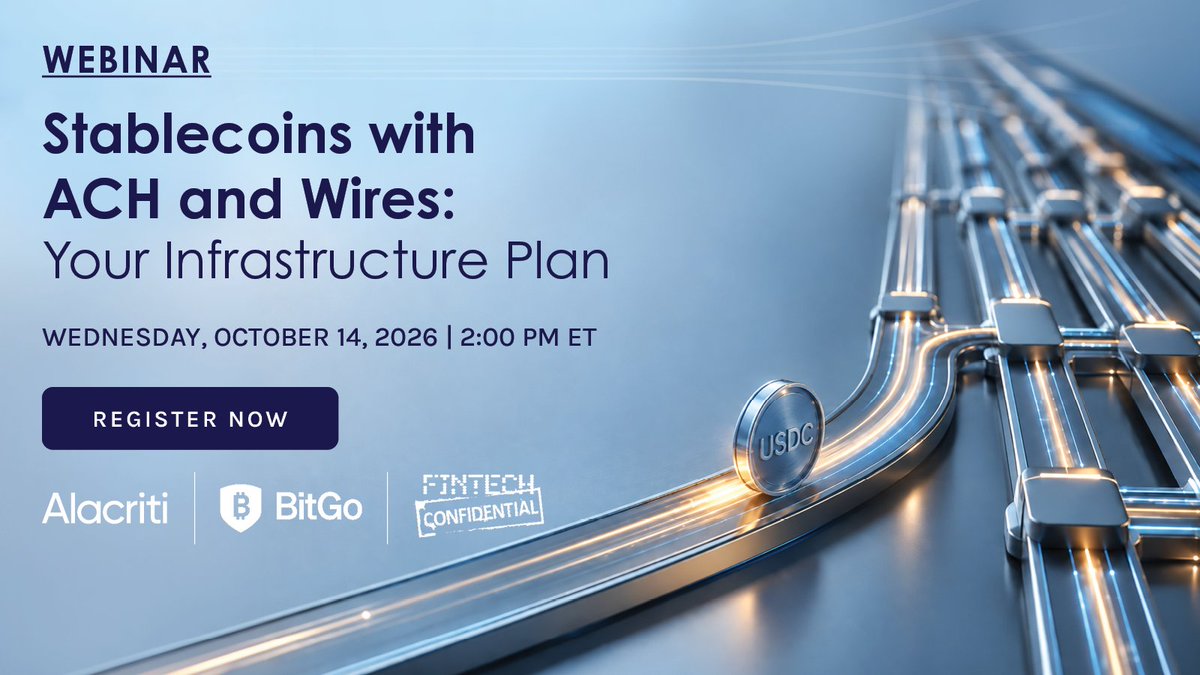 Alacriti's tweet photo. Stablecoins are moving from future-looking discussion to practical planning. How can financial institutions add digital money without adding another silo? Our CEO, Manish Gurukula, @BitGo, &amp; Fintech Confidential will discuss the path forward. Register now: https://t.co/mRmPoA9ZMm https://t.co/JSfh7hmOuL