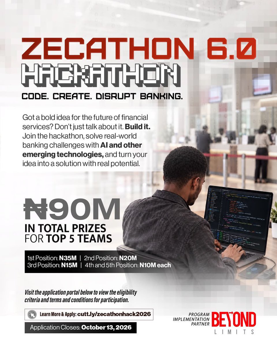 pp_gives's tweet photo. For the builders, the Zecathon 6.0 Hackathon is where things get interesting. Less talking, more building. Apply with me before October 13. #ZenithBankZecathon https://t.co/tK6rkkp7OX