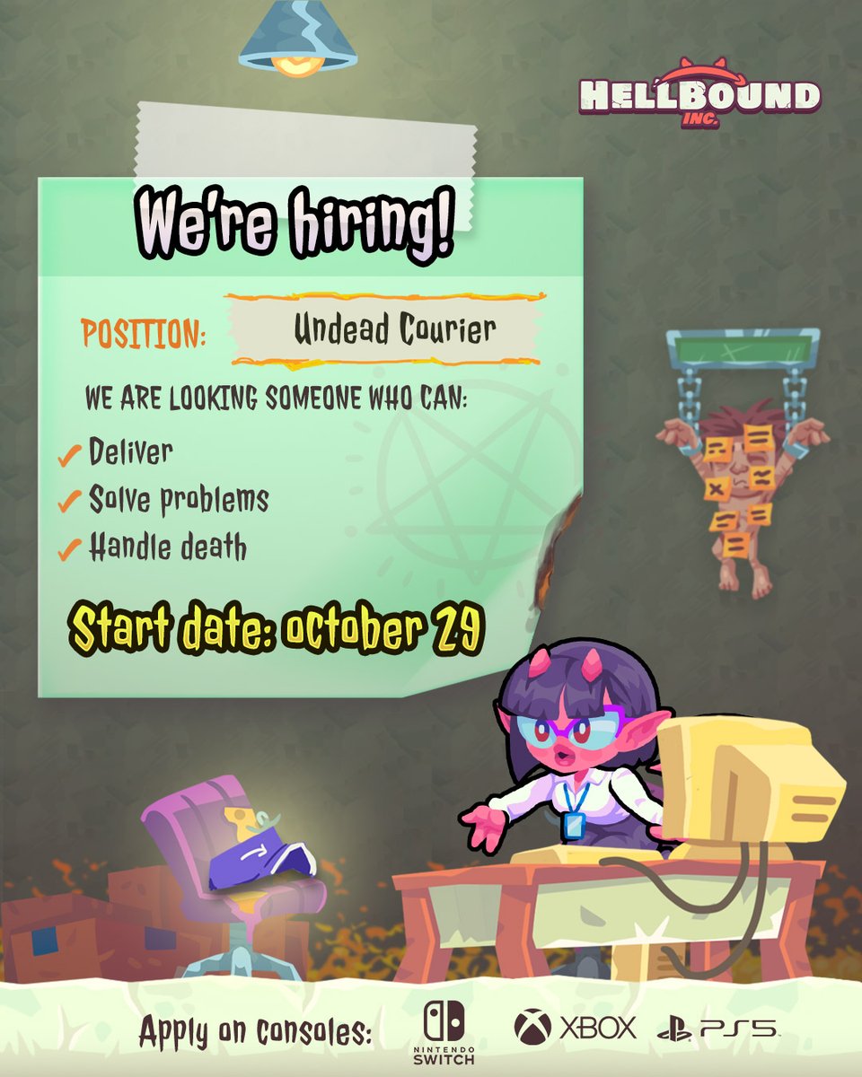 Seashell_Studio's tweet photo. 🔥 LOOKING FOR A JOB?
HELLBOUND INC. is hiring an Undead Courier.

📦Deliver.
🧩Solve problems.
☠️Deal with death.

💰 Competitive salary
⚰️ Life insurance: N/A

Job security guaranteed. Your life, not so much.

📅 October 29
Coming to consoles.😈
#hellboundinc #indiegame https://t.co/SKJX5KVU82