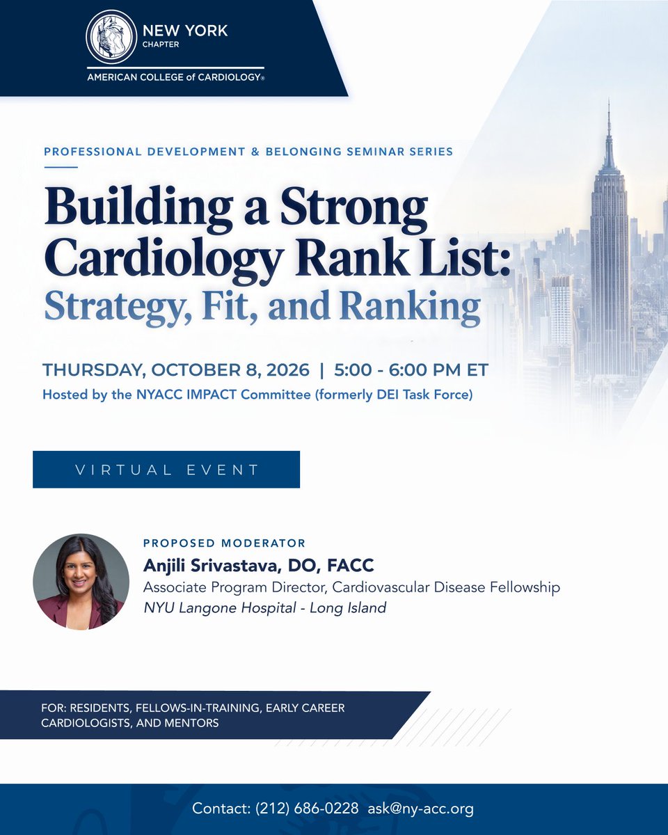 NYSCACC's tweet photo. Join NYACC on Thursday, October 8, for “Building a Strong Cardiology Rank List: Strategy, Fit, and Ranking.” Hear from panelists Dr. Azka Naeem and Dr. Keshav Patel as they share insights for residents, fellows, early-career cardiologists, and mentors. Moderated by Dr. Anjili Srivastava. 
Register today: https://t.co/YEx9F34N78