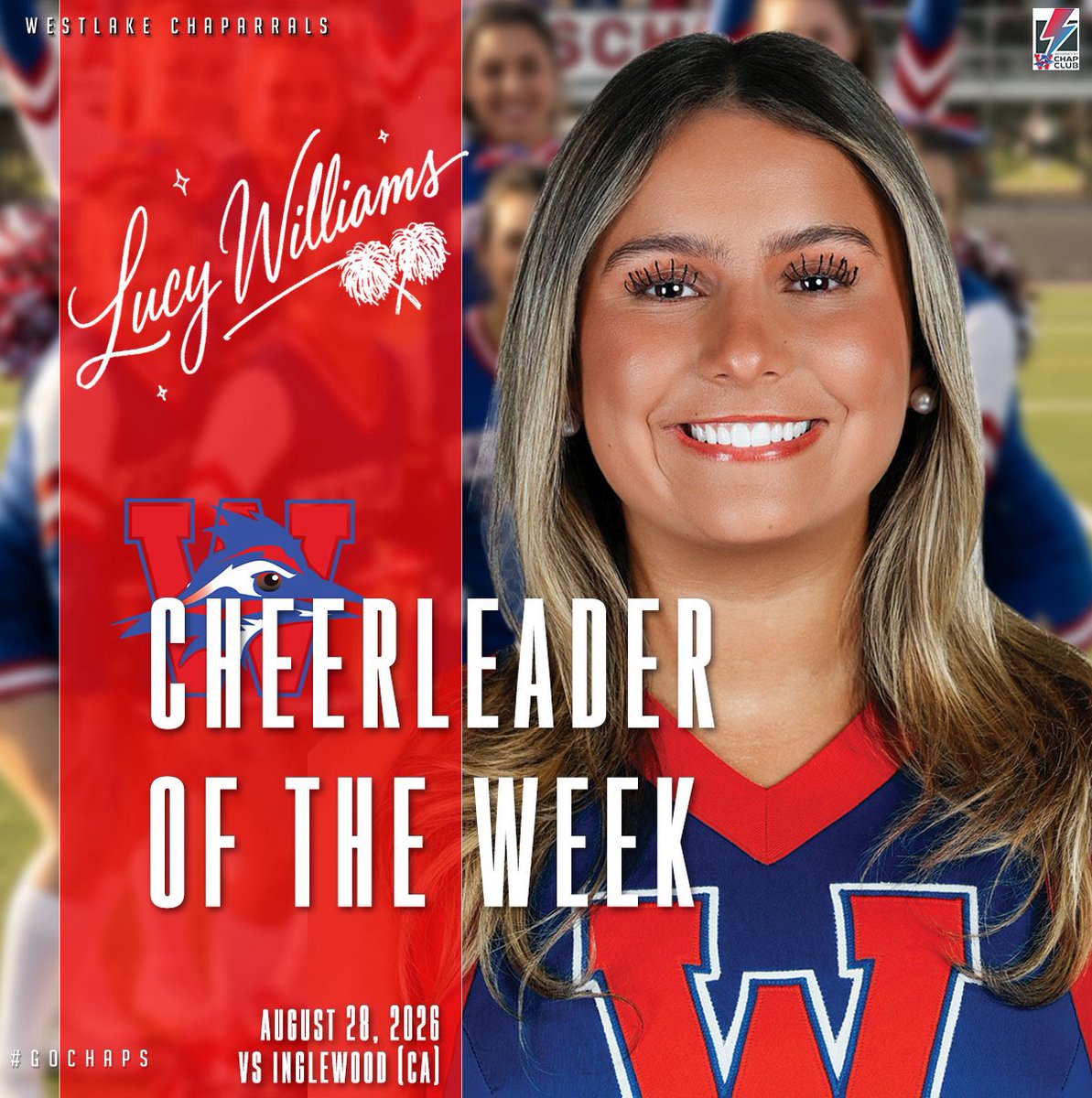 Westlake_Nation's tweet photo. We’re at the halfway point of the regular season and through five games, the Chaps are 4-1 and Cheer has been there for every snap. It’s a REWIND WEDNESDAY as we take you back to game one’s Cheerleader of the Week, Lucy Williams. Congratulations, Lucy. #GoChaps https://t.co/aydAYRPSsB