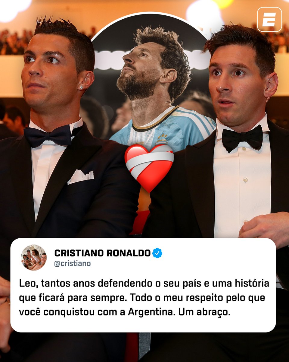 ESPNBrasil's tweet photo. DE UMA LENDA, PARA OUTRA! 🤖❤️👽 

Cristiano Ronaldo deixou essa mensagem aí para Lionel Messi em seu post sobre a despedida da seleção argentina!

Somos privilegiados de poder viver na mesma época que ambos!

#FutebolNaESPN #Messi #Cristiano https://t.co/uKUxziHQiA