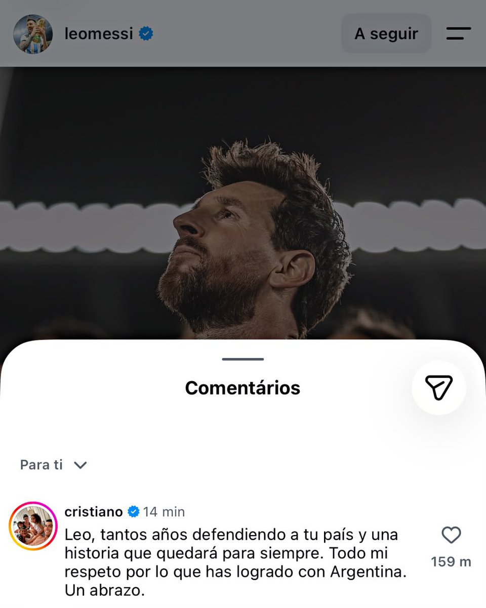 ActuFoot_'s tweet photo. 🚨🚨💣 LE COMMENTAIRE DE CRISTIANO RONALDO 🇵🇹 POUR LIONEL MESSI 🇦🇷 👇 :

« Leo, tant d’années à défendre ton pays et une histoire qui restera à jamais.

Tout mon respect pour ce que tu as accompli avec l’Argentine.

Je t’embrasse. »

📲 cristiano

🐐🤝🐐 https://t.co/9KYEEyQjJH