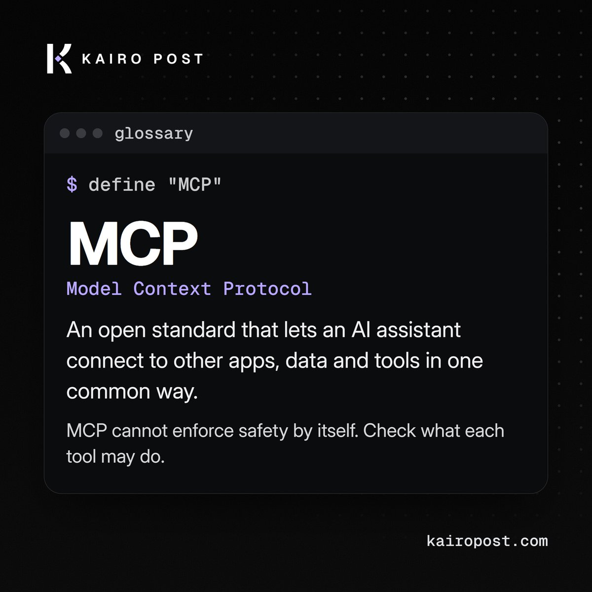 kairo_post's tweet photo. MCP in one sentence: an open standard that lets an AI assistant like Claude or ChatGPT connect to other apps in one common way.

Like one shared plug. You decide what the assistant may do through it. https://t.co/yj6mzTJOrY