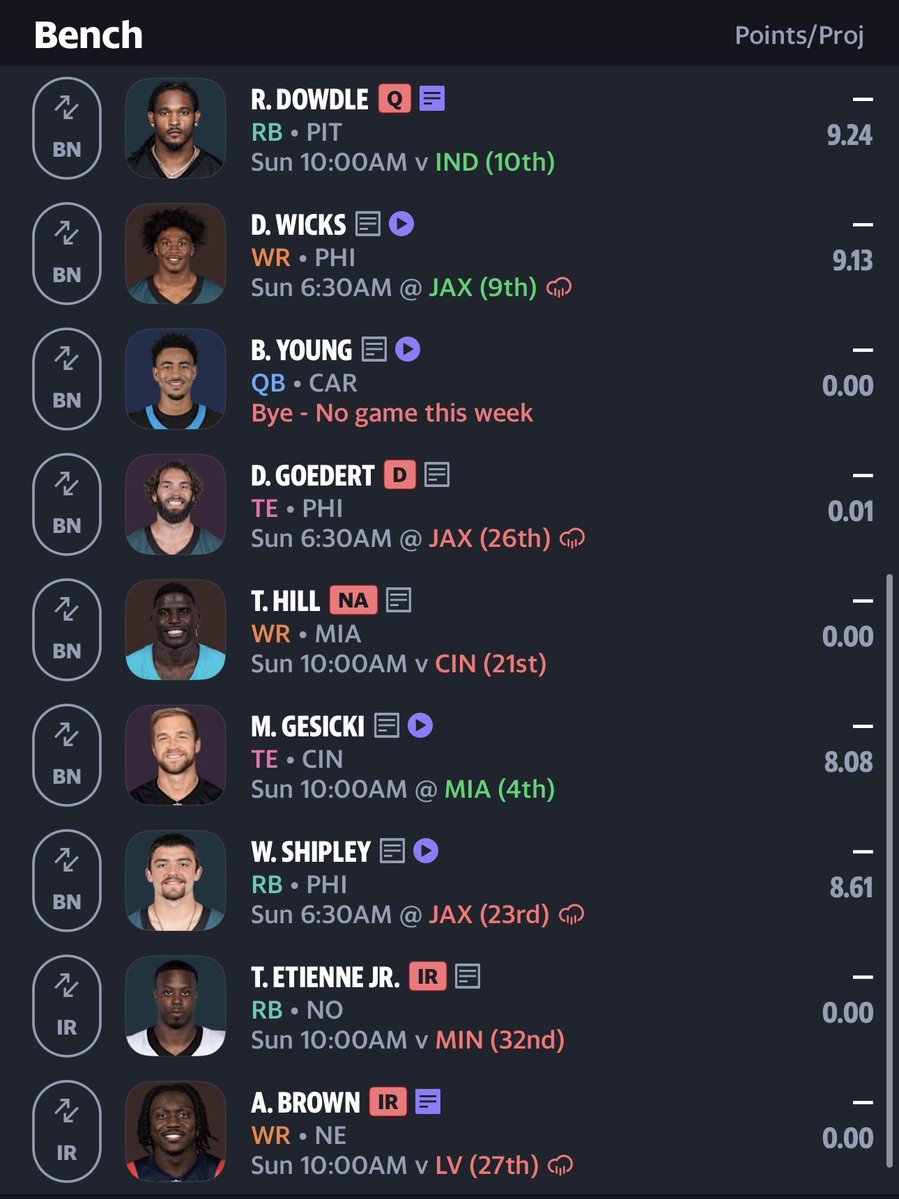 ParleyswitDiego's tweet photo. @p3ngu1n02 @UnderdogNFL @jonmalexander who should i drop for him? this is my bench rn and im 1-3 cause of injuries. i cant drop gesecki cause im already trying to get the te from the saints, hes on waivers for some reason https://t.co/U5LaM2qxIR