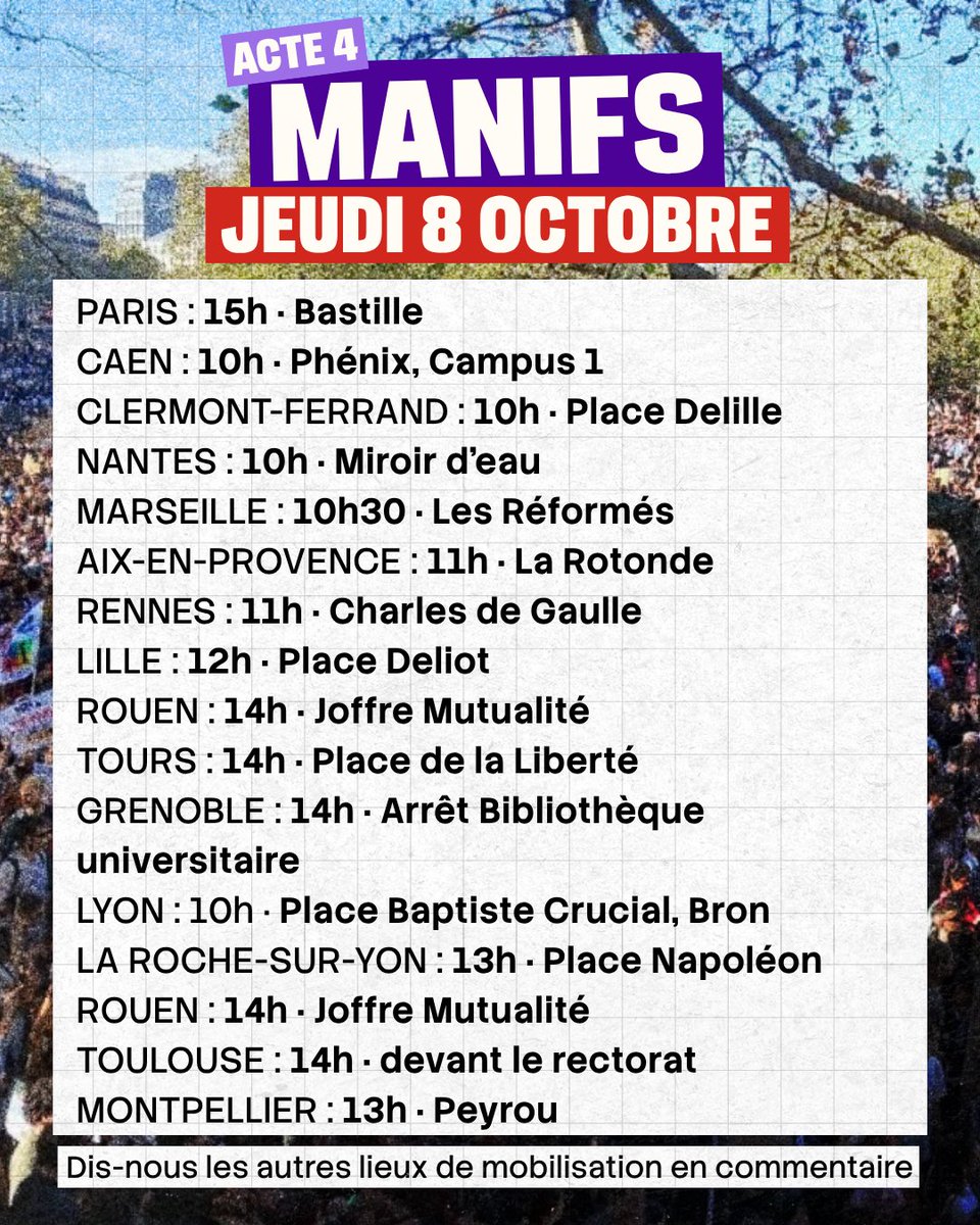 InsoumisJeunes's tweet photo. 🟣 Où manifester pour l’acte 4 de la mobilisation lycéenne et étudiante ?

Le gouvernement ne fait aucune annonce, alors on continue !

Dis-nous en commentaire les lieux qu’il manque👇 https://t.co/PpvOUEXqON
