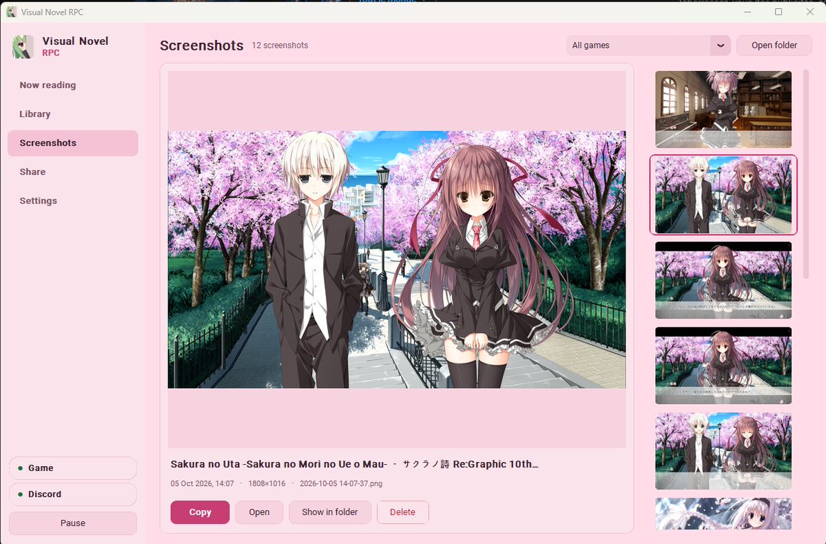 huni_po's tweet photo. My friend created a Vn Discord presence and I've been using this for a while. This is so cool; you can see your time last  for all your Vn and there is a screenshot library and a VNDB synchronisation. https://t.co/q8mWcBXRHJ
