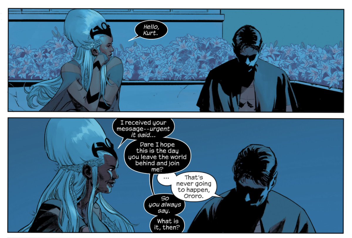 proxy616's tweet photo. #xspoilers Storm holding onto a future together that Nightcrawler has already refused. Midnight x-men #1 https://t.co/FDqYYhd77J
