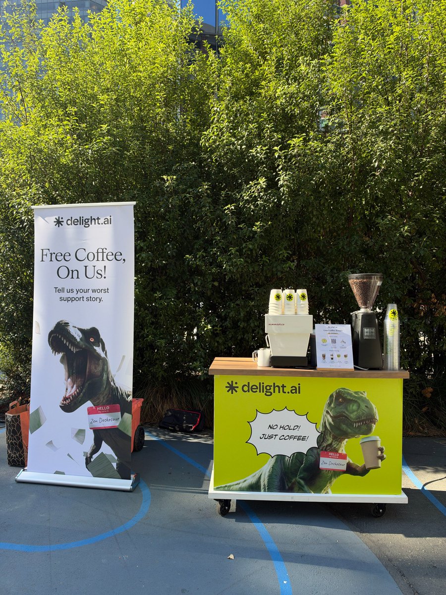 GetDelightAI's tweet photo. There's a dinosaur handing out free coffee at 200 Howard St right now. ☕ 🦖 

His name is Zen Deskosaur. He's been on hold for 66 million years, so he knows a thing or two about bad support.

We're at Urban Park until 2pm for #SFTechWeek. High fives are also free.

#SFTechWeek #CustomerExperience #CX