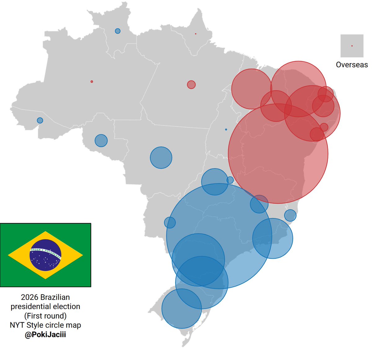 PokiJaciii's tweet photo. 2026 Brazilian presidential election first round - NYT Style circle map

Look at all those netted votes from Bahia and São Paulo! https://t.co/XrJfA8LZaE