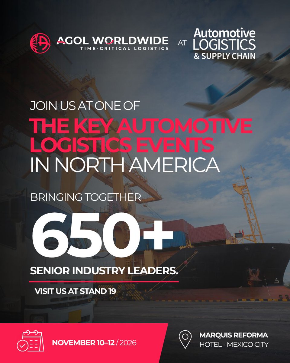 agolworldwide's tweet photo. AGOL Worldwide is heading to Automotive Logistics &amp; Supply Chain Mexico 2026.

📍 Stand 19 | Mexico City  
📅 November 10–12

Let’s talk about keeping your supply chain moving when time is critical.

https://t.co/bPvxkgTgYz

#AGOLWorldwide #ALSCMexico #SupplyChain https://t.co/WsSapyfkKI