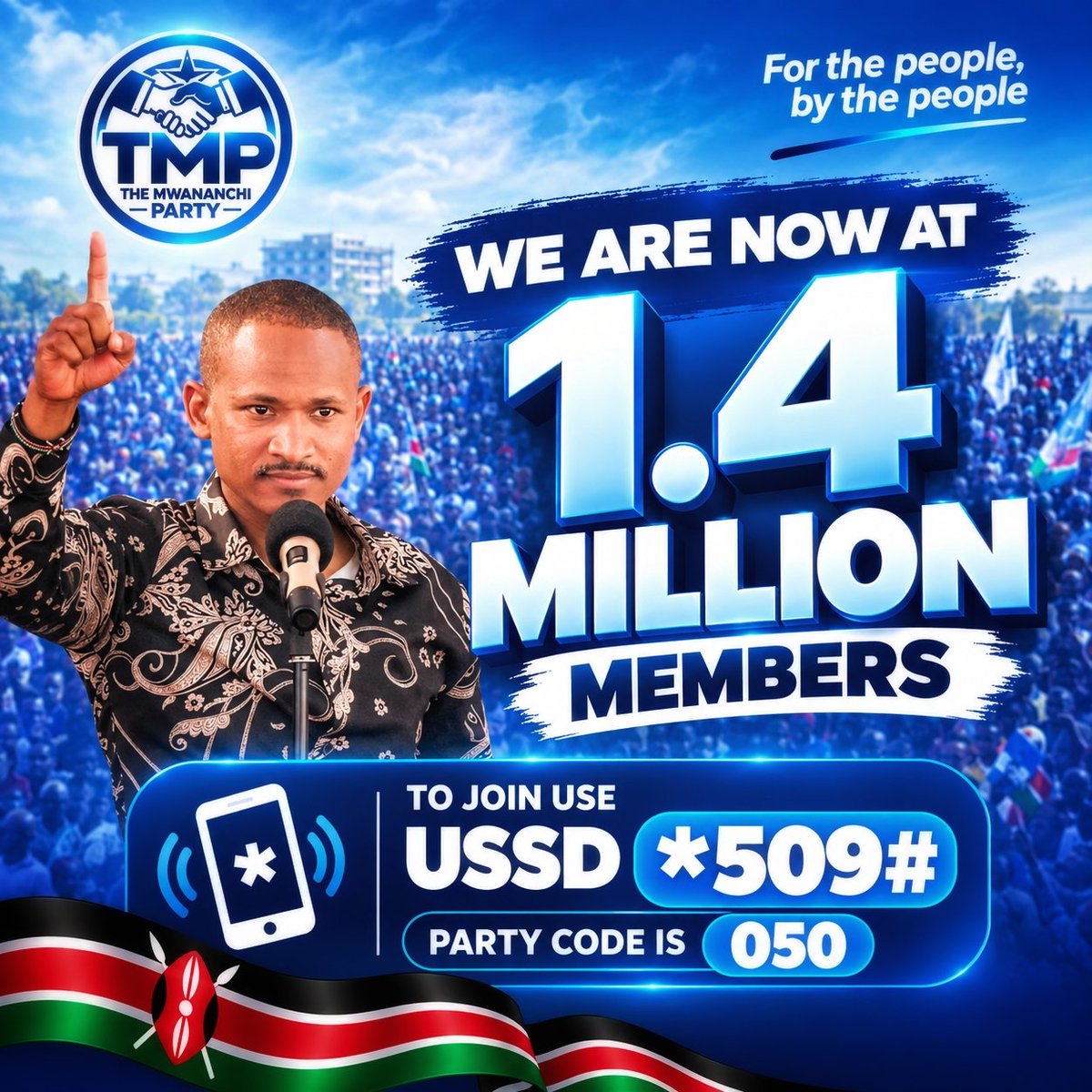 Mwananchi_TMP's tweet photo. 1.4 MILLION STRONG! 🩵🔥

The Mwananchi Party is growing every day. Chama ya Wananchi. For the People, By the People.

Join the movement today. Dial *509# and use Party Code 050.

#TMP #ChamaNiTMP #BabuKwaSababu #TheMwananchiParty https://t.co/EweXzUgARW