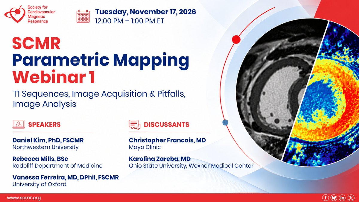 SCMRorg's tweet photo. 🫀 PARAMETRIC MAPPING WEBINAR | T1 MAPPING

📅 Nov 17 | 12–1 PM ET

Refresh your knowledge of T1 mapping—from MR physics &amp; pulse sequences to image acquisition, pitfalls, analysis &amp; clinical reporting.

🔗 Register: https://t.co/lw6LMcvKcV

#CMR #CardiacMRI #T1Mapping https://t.co/fGFBMdFR5I