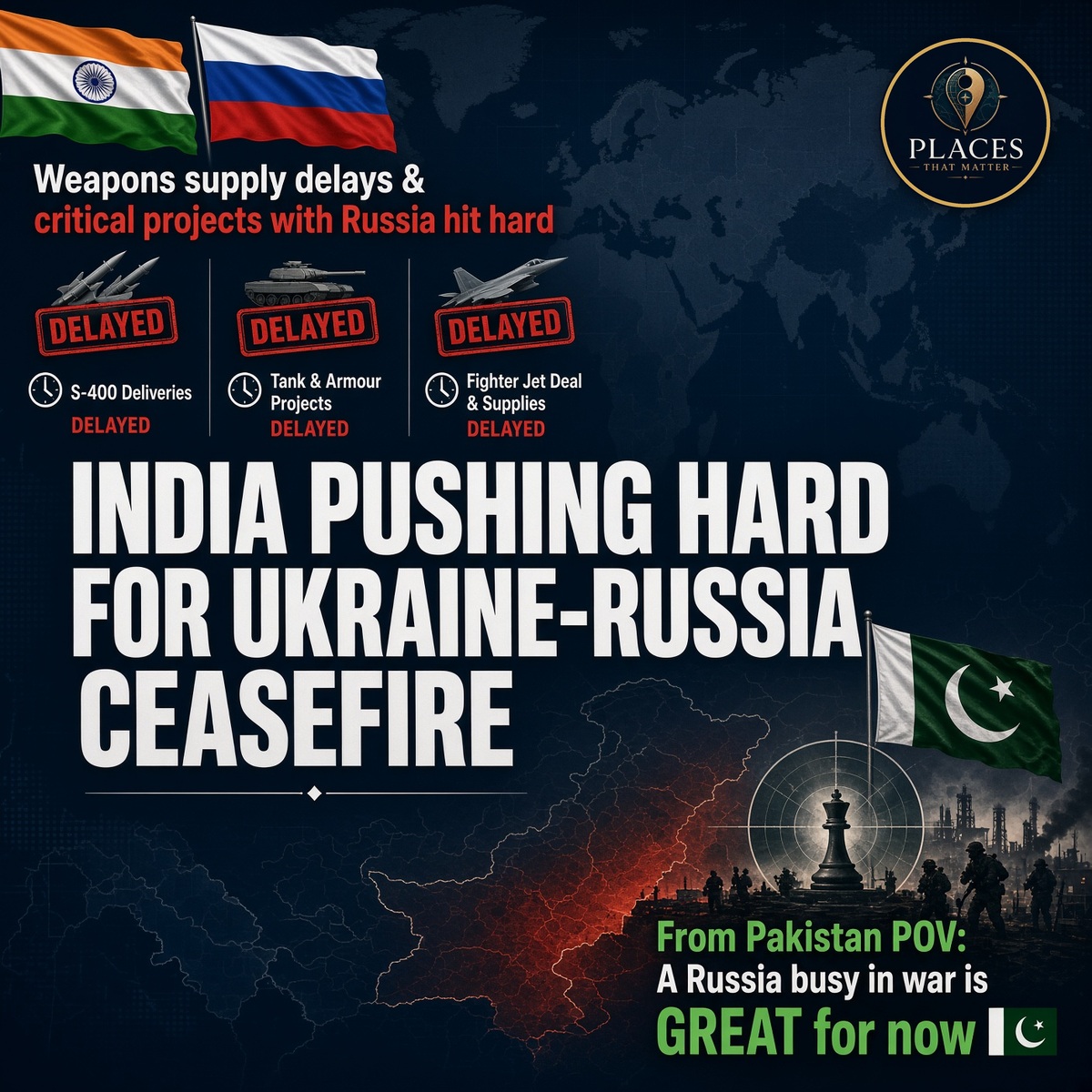 Placesmattergeo's tweet photo. India is floating a 3-part Ukraine truce plan.

Officially: Black Sea shipping and energy. But look at arms:
S-400s years late
Tank &amp; armour spares squeezed
Su-30 spares backed up

Pakistan's POV? A Russia stuck in Ukraine = breathing room. Strategic gift for now.

Your take? 👇 https://t.co/6SMXeEGm0z