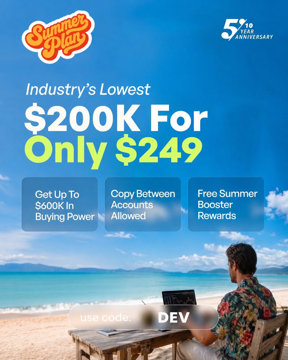 devender_fx's tweet photo. ☀️ THE 5ERS SUMMER PLAN IS HERE 🚀

$100K — $149
$200K — $249

⚡ 1:100 Leverage
🌙 Overnight &amp; Weekend Holding
📈 Up to 80% Profit Split

Start your evaluation with The5ers
Code: DEV (Extra 10% OFF)🔥 https://t.co/hk3CXreuMZ