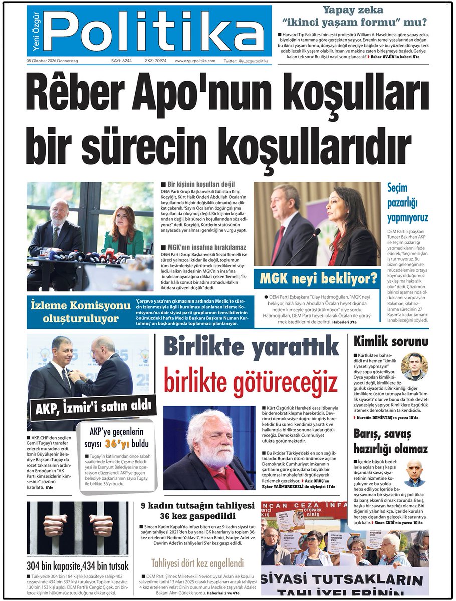 y_ozgurpolitika's tweet photo. 🔴 MANŞET

📌Rêber Apo'nun koşulları
bir sürecin koşullarıdır

◾️Gülistan Kılıç Koçyiğit, Rêber Apo’nun koşullarında hiçbir değişiklik olmadığını belirterek, “Özgür çalışma koşulları oluşmuş değil. Bir kişinin koşullarından değil, bir sürecin koşullarından söz ediyoruz" dedi. https://t.co/lrwkTRf41w
