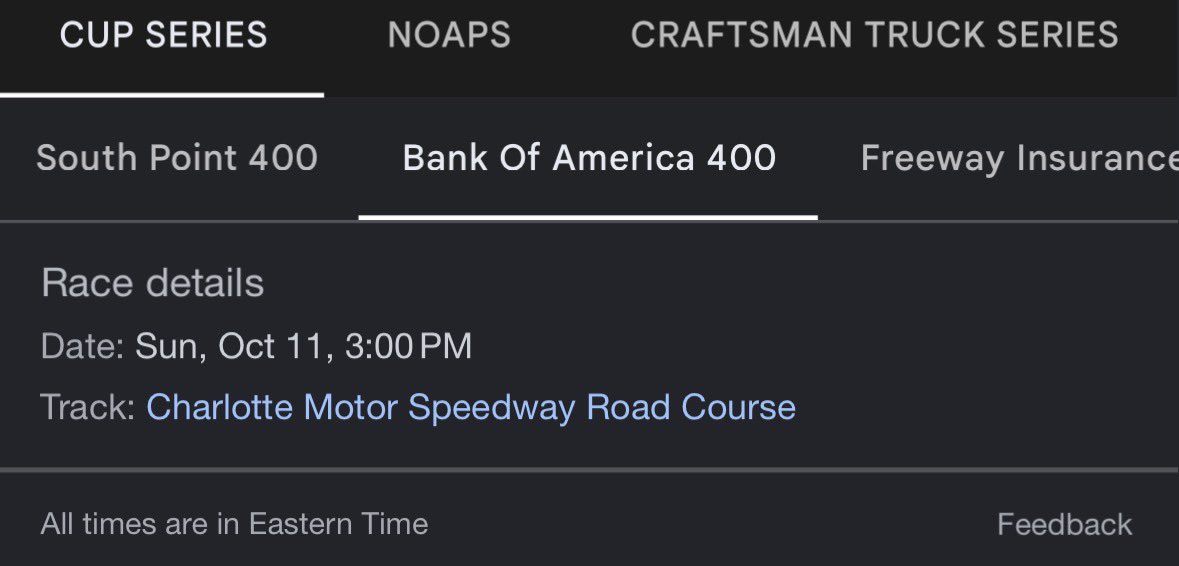NASCARPuffle's tweet photo. @CaidenC64976991 🤨 I clicked cup series and it still says roval https://t.co/MNJan30S8H
