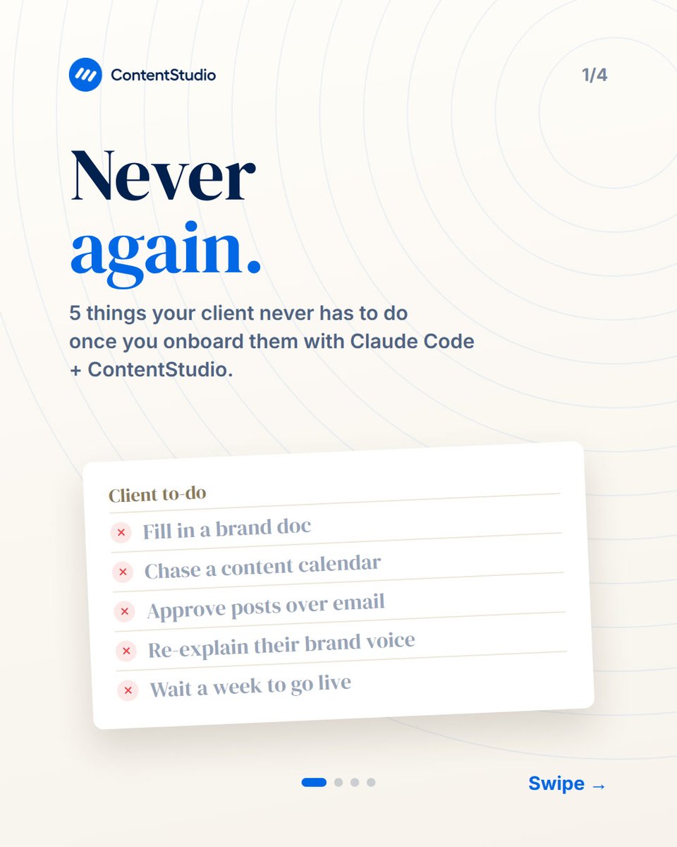 ContentStudioio's tweet photo. Five things your clients can stop doing once you onboard them with Claude Code and ContentStudio, starting with filling in a brand doc.

Full onboarding, prompt included: 
https://t.co/QenRxhcBPD

#ClaudeCode #SocialMediaManager https://t.co/NWiqUwLbcC