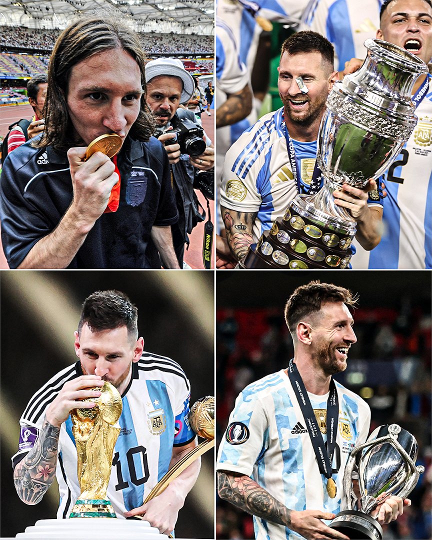 ESPNUK's tweet photo. Lionel Messi really has won every major honour possible with Argentina:

🥇 Olympic gold
🏆 Copa América
🏆 FIFA World Cup
🏆 Finalissima

What a career 👏🐐 https://t.co/4uHpwyfY20