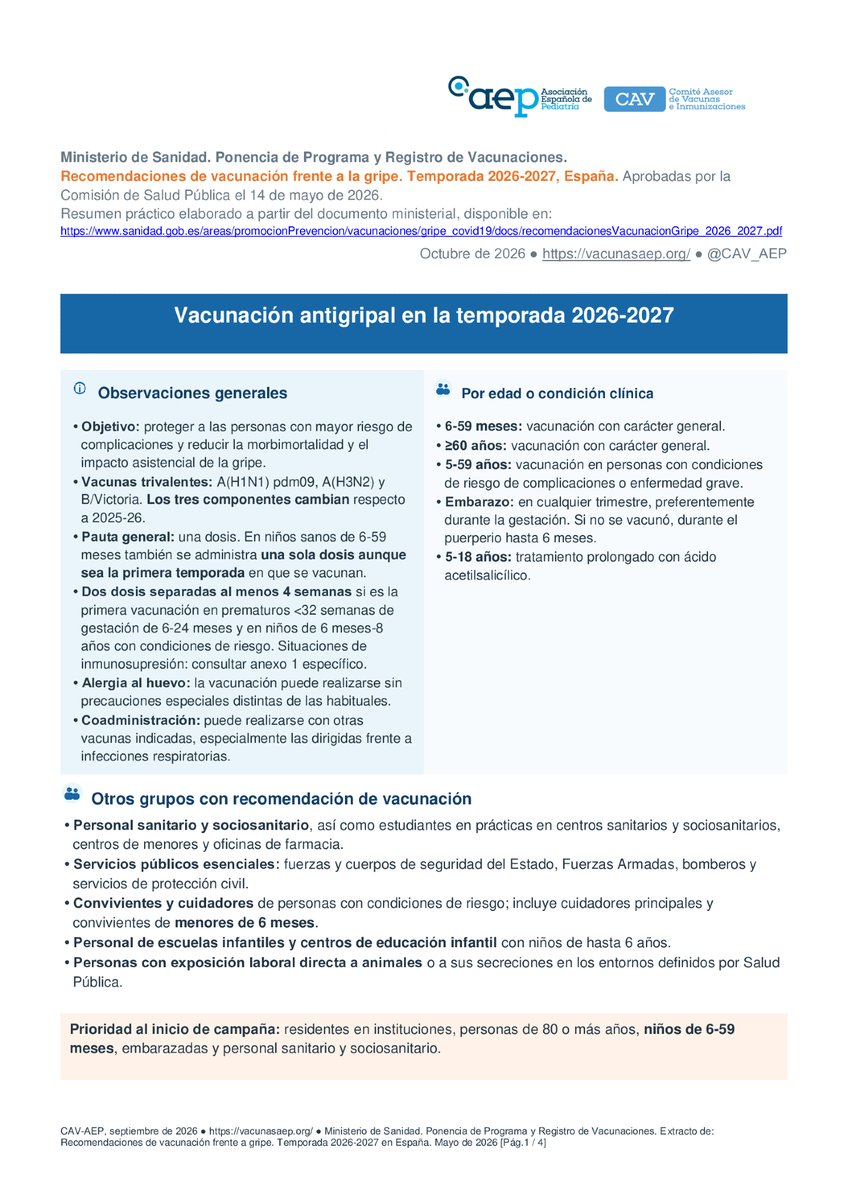 CAV_AEP's tweet photo. Gripe 2026-27: claves en las recomendaciones de vacunación del Ministerio de Sanidad.
Se mantiene la vacunación sistemática de todos los niños de 6 a 59 meses, además de los niños y adolescentes con condiciones de riesgo.
https://t.co/CJCxDclaMH https://t.co/GP4JseeJky