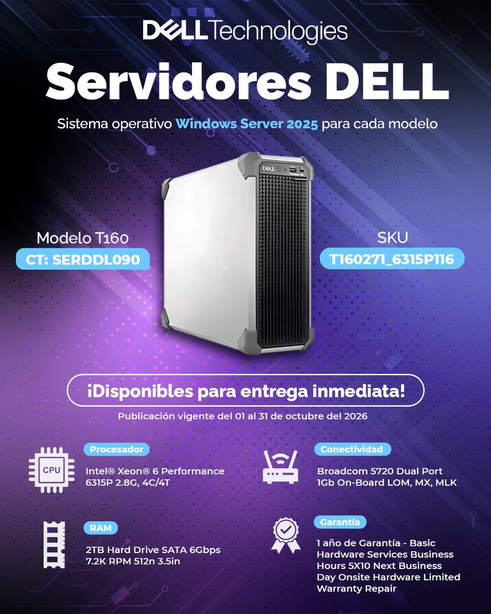 CTInternacional's tweet photo. Diseñado para clientes 👥 que buscan flexibilidad y capacidad de procesamiento.
Conoce el Servidor PowerEdge T160 Tower Smart 💻 de #DellTechnologies y llévatelo a un excelente precio 🛒.

Da clic aquí:
🌐 https://t.co/EUFnNzqYUX https://t.co/E7lRihbSQY