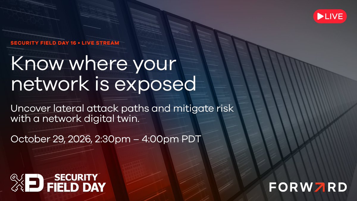 forwardnetworks's tweet photo. Watch Forward Networks CTO @everywhyguy and Sr. Director of Product Management Renata Budko live from #XFD16. They will walk through how to rank exposures by reachability, trace lateral attack paths, and close exposure paths. Register: https://t.co/vvEF8ZwLeI 
@TechFieldDay https://t.co/gSXFtms7NZ