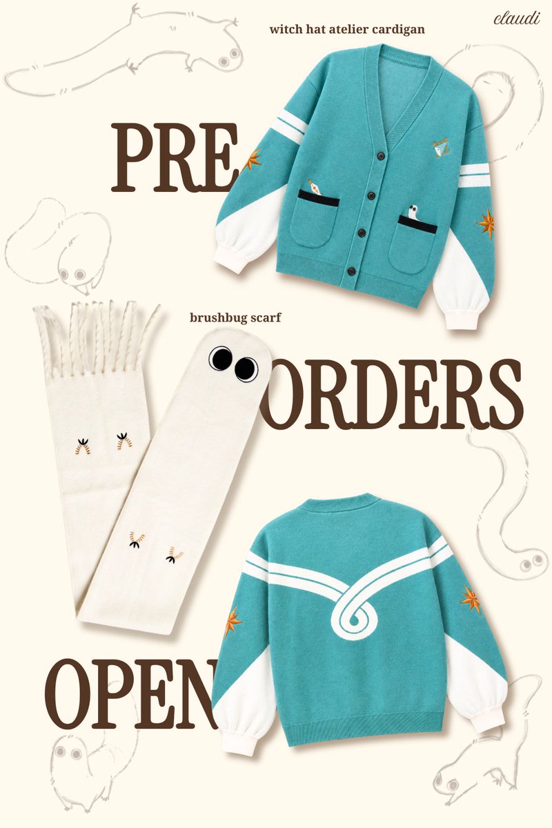 claudimolina_'s tweet photo. 💫Witch Hat Atelier Cardigan and Brushbug Scarf preorders are OPEN! 💫 

SURPRISE! Do you like the little buddy scarf? 🥹

#witchhatatelier https://t.co/lMr2029yR3