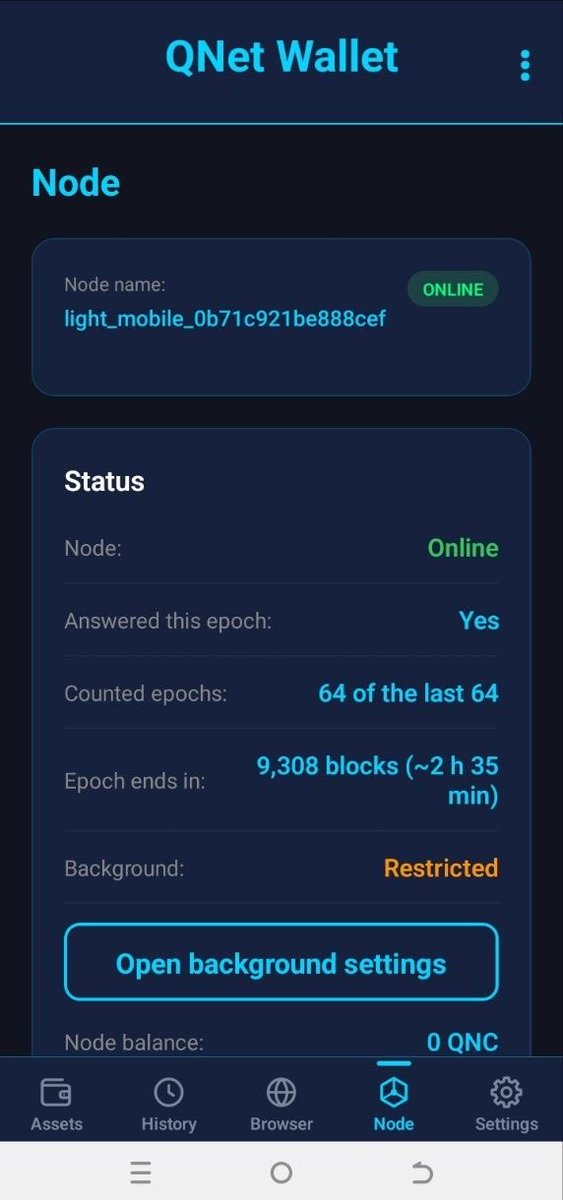 lordwatezydseer's tweet photo. QNET BLOCKCHAIN @AIQnetLab 

The QNet Wallet just updated on Google Play and the difference is immediately visible.

This isn’t a minor patch. The entire UI has been rebuilt, cleaner, softer, more refined. Every screen feels intentional.

Let me walk you through it.

The Assets screen gives you instant access to both your QNet and Solana balances in one place. QNC on one side. SOL and 1DEV on the other. Send, Receive, and your full wallet address, everything within one tap.

The History screen shows exactly what earning looks like on a running network. Multiple reward claims visible from today and yesterday. Each one labelled clearly, moved from node balance into the main wallet. Not points. Not promises. Real QNC, claimed and settled on-chain.

The Browser tab is something most wallets don’t have. A full web browser built directly into the wallet, with every site request requiring your confirmation before it goes through. No silent connections. No trust required.

The Node tab tells the complete story of participation. Online. Answered this epoch: Yes. Counted epochs: 64 of the last 64. A perfect record across 64 consecutive epochs. The epoch countdown is live, showing exactly when the next reward window closes.

The Settings screen gives you full control, auto-lock timer, language, password management, recovery phrase export, private key export, and connected sites.

One wallet. One network. A Light Node running in the background. A built-in browser. A perfect epoch record. All of it live on Google Play right now.

And that’s not all, explore and find out more for yourself.

Download the QNet Wallet on Google Play now 👇
https://t.co/yGmkVXpZZl

The QNet has you, Eon...