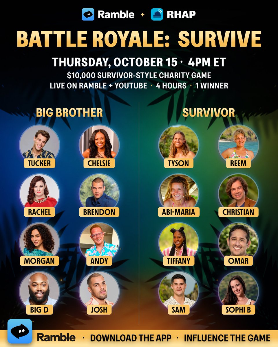 ramble_hq's tweet photo. Battle Royale: Survive cast reveal with @RobHasApodcast, hosted by @robcesternino .

Influence the game live on the Ramble app Oct 15! #survivor #bigbrother #battleroyalesurvive https://t.co/ftBlO7AjiP