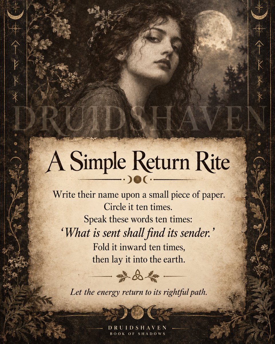Druidshaven's tweet photo. Not every energy sent toward you deserves to stay with you.
Sometimes the strongest response is simply:
“What is sent shall find its sender.”
Release it. Return it. Stop carrying it.
#Druidshaven #ProtectionMagic #ReturnToSender https://t.co/zDY8wPbaSf