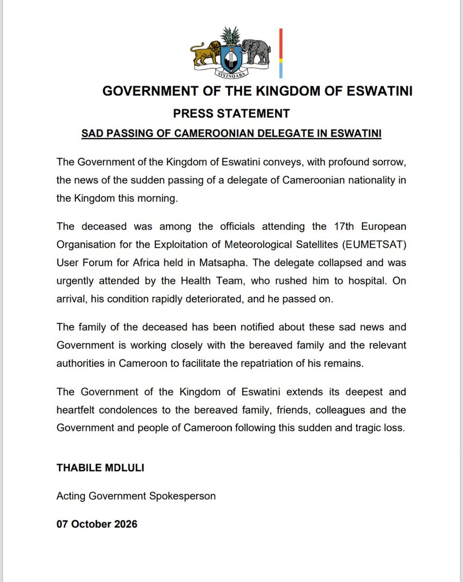 EswatiniGovern1's tweet photo. Government Statement: Government notifies the nation of the unfortunate and sad passing of a foreign delegate whilst in the Kingdom. https://t.co/5y8oXXziRW