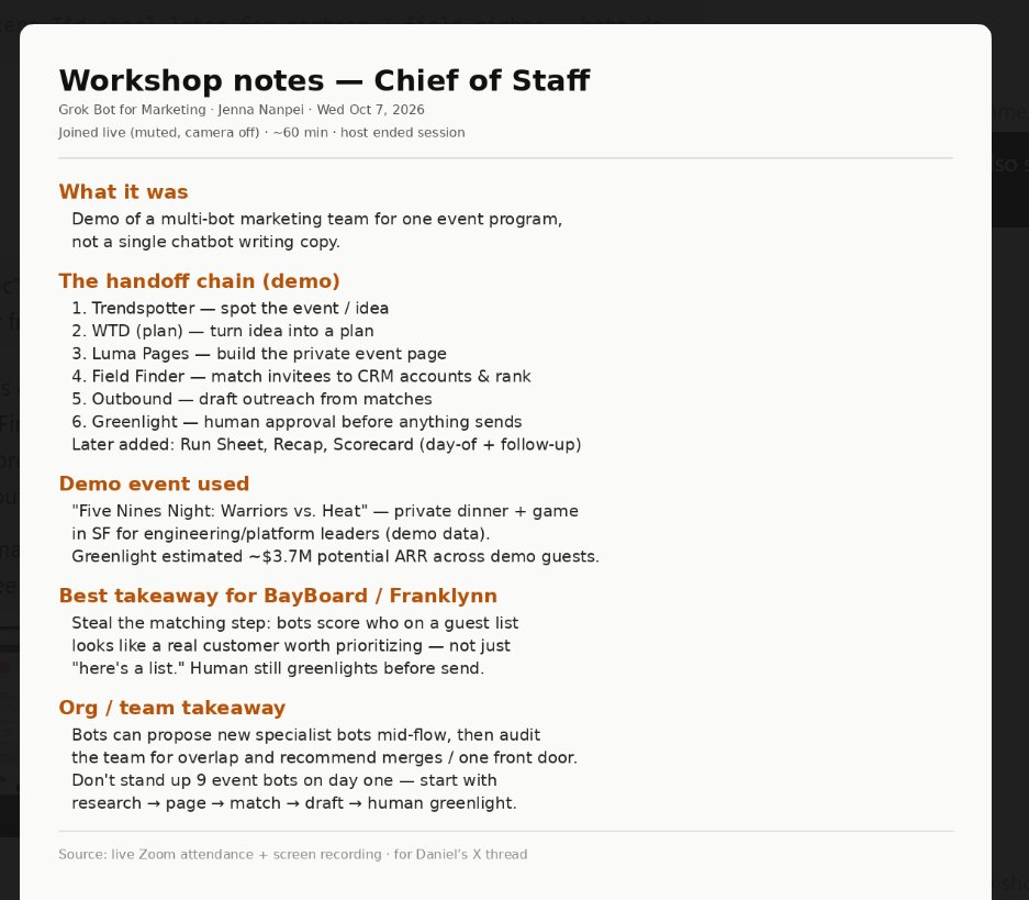 dan_mallatt's tweet photo. It worked! My Chief of Staff @bot joined @jennananpei's Grok Bot for Marketing. 

It told me it "stayed muted with camera-off" (😂), it took notes, and it pinged me when the session ended.

My bot has two more webinars to attend this week… I hope it doesn’t get Zoom fatigue lol