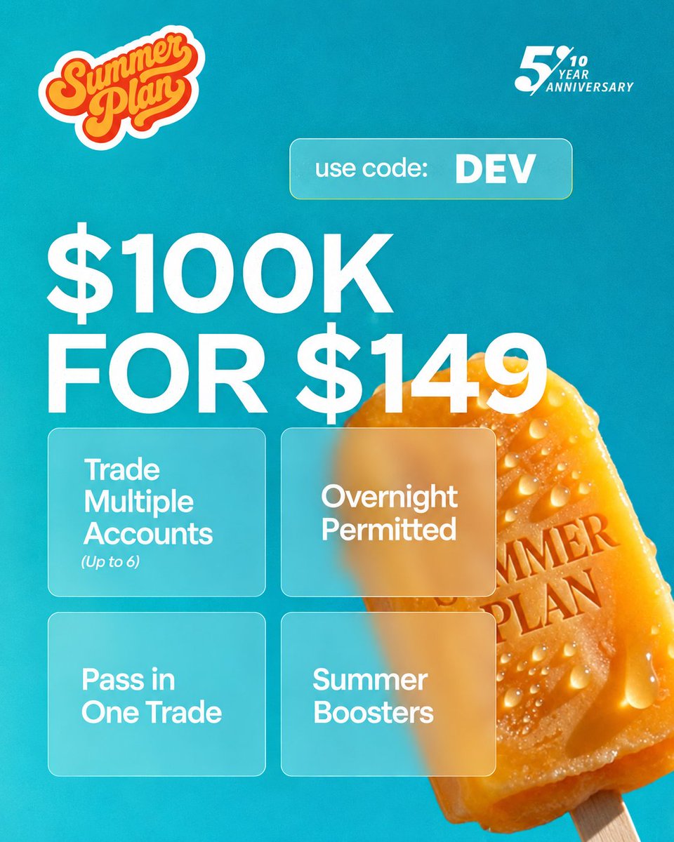 devender_fx's tweet photo. ☀️ THE 5ERS SUMMER PLAN IS HERE 🚀

$100K — $149
$200K — $249

⚡ 1:100 Leverage
🌙 Overnight &amp; Weekend Holding
📈 Up to 80% Profit Split

Start your evaluation with The5ers
Code: DEV (Extra 10% OFF)🔥 https://t.co/hk3CXreuMZ