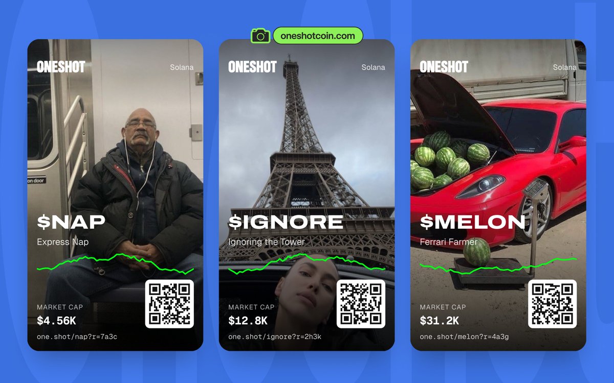 UseOneShot's tweet photo. Every launch comes with a story card: your photo, the ticker, a live chart and a QR code.

Post it to X, Stories or Telegram. Your referral code is already built in. https://t.co/t7i7i7cXq4