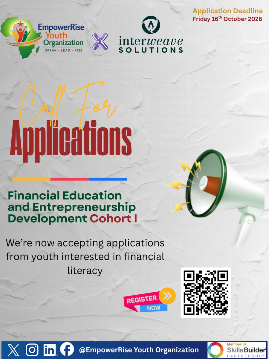 EmpowerRise1's tweet photo. 📢 𝗖𝗔𝗟𝗟 𝗙𝗢𝗥 𝗔𝗣𝗣𝗟𝗜𝗖𝗔𝗧𝗜𝗢𝗡𝗦 | 𝗙𝗶𝗻𝗮𝗻𝗰𝗶𝗮𝗹 𝗘𝗱𝘂𝗰𝗮𝘁𝗶𝗼𝗻 &amp; 𝗘𝗻𝘁𝗿𝗲𝗽𝗿𝗲𝗻𝗲𝘂𝗿𝘀𝗵𝗶𝗽 𝗗𝗲𝘃𝗲𝗹𝗼𝗽𝗺𝗲𝗻𝘁 𝗧𝗿𝗮𝗶𝗻𝗶𝗻𝗴
🌐 𝗙𝗼𝗿𝗺𝗮𝘁: Virtual
⏳ 𝗗𝘂𝗿𝗮𝘁𝗶𝗼𝗻: Two weeks
🔗 𝗔𝗽𝗽𝗹𝘆 𝗻𝗼𝘄: https://t.co/wTkzRxZc6z
#FinancialLiteracy https://t.co/Lzl9v7gWj6