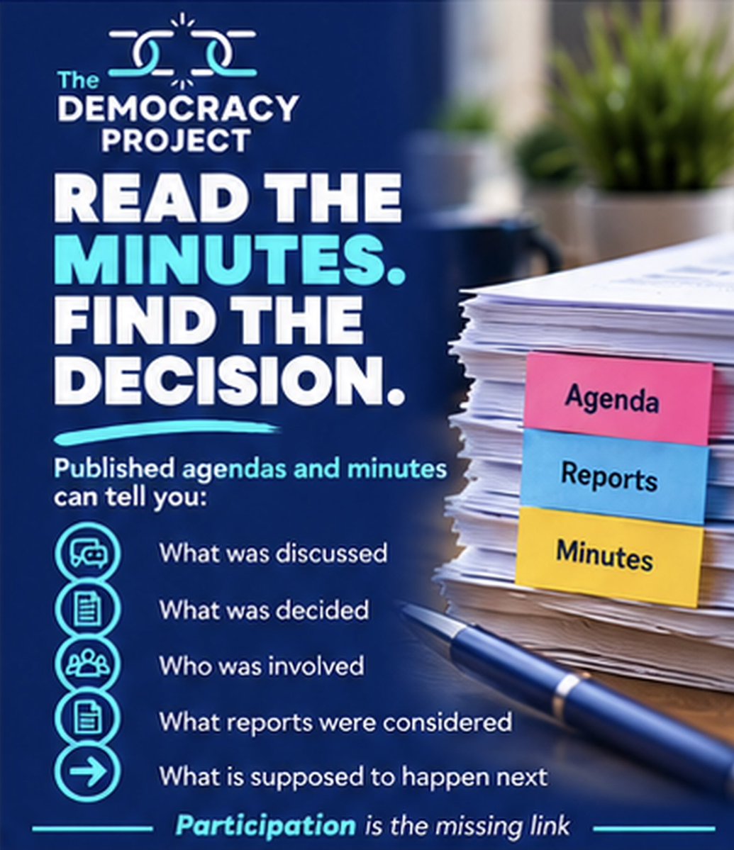 DemocracyProj_'s tweet photo. 📋 The meeting ends.
The public record begins.
Agendas and minutes can help you discover what was discussed, what was decided and what happens next.
Knowing where to look is a democratic skill.
#TheDemocracyProject https://t.co/Ihjoaf8aoh