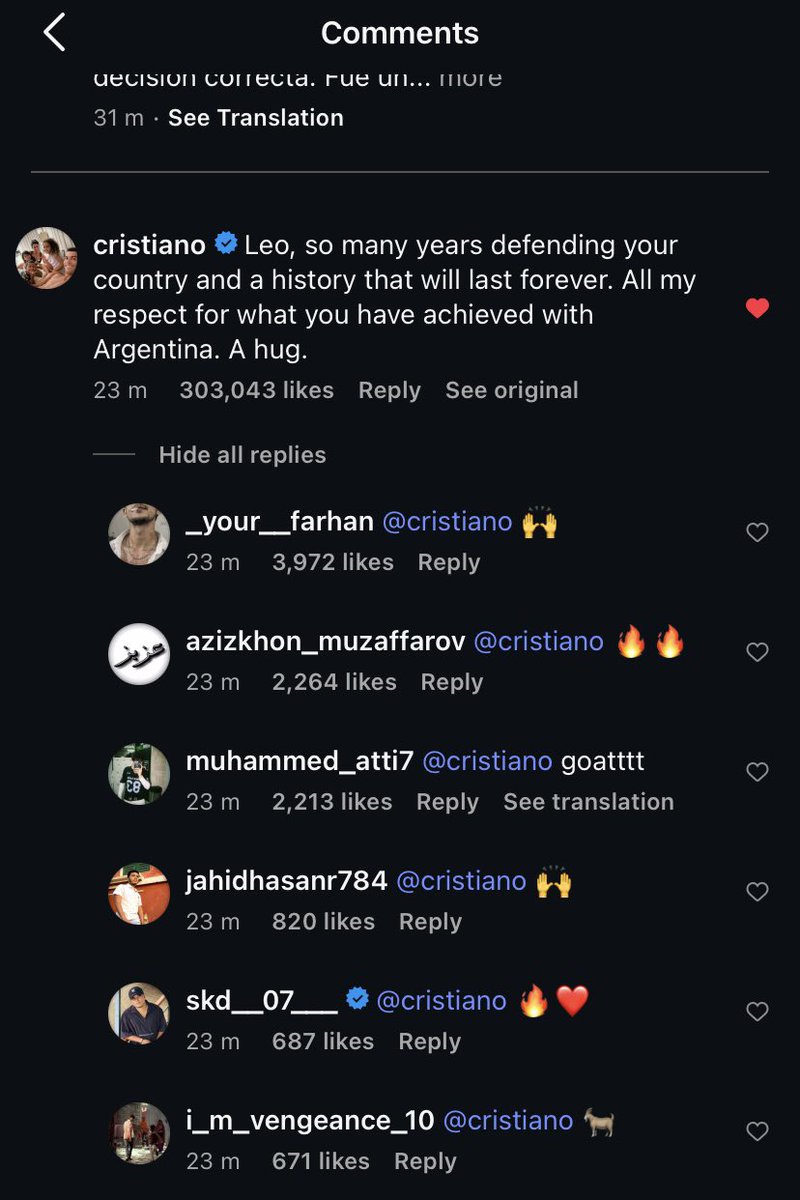 HATTRIX11XI's tweet photo. Ronaldo just commented on Messi’s post. 

Good sportsmanship for the GOAT🐐👏🏻 https://t.co/4EGa7snQF6