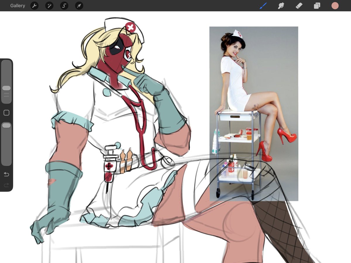 callulamf's tweet photo. deadpool nurse wip
also learning procreate (again) that i bought 4 years ago LMAO https://t.co/sR8v6wSZgY
