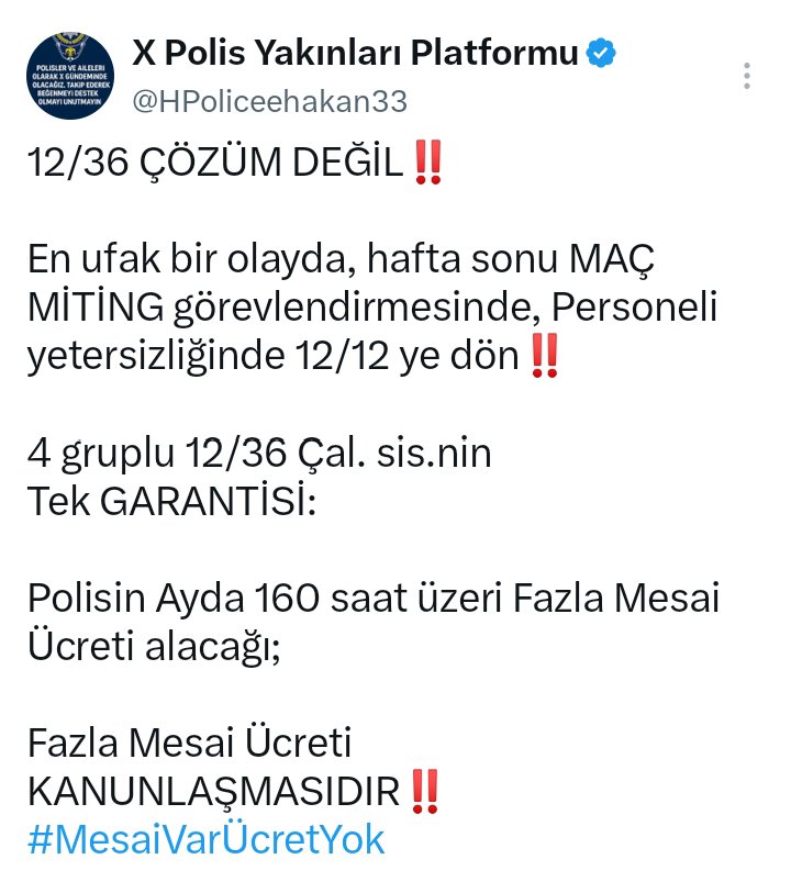 HPoliceehakan33's tweet photo. 4 gruplu 12/36, 1 AYDA ÇÖKTÜ‼️

Sn Bakan SÖZÜNÜZE NE OLDU⁉️

12/36 çalışan Birçok İl Okul görevi için yine 12/24 e geçti,
Yani YİNE polisin, eşinden çocuklarından ZAMANI ÇALINDI‼️

HADİ VERİN MESAİ ÜCRETİNİ
POLİSE GELİNCE YOK‼️

Polis 50 bin okula nasıl YETİŞSİN⁉️
SİZE SÖYLEDİK👇🏻 https://t.co/My2SucU5Jb