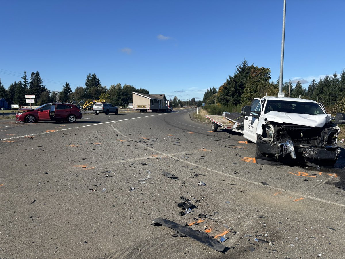wspd8pio's tweet photo. #GraysHarbor: SR 12 at Schouweiler is partially blocked for a vehicular assault collision. The Subaru failed to yield to traffic while making a turn. 

The driver was arrested for suspicion of DUI. Please slow down in the area. https://t.co/uU178vRqqu