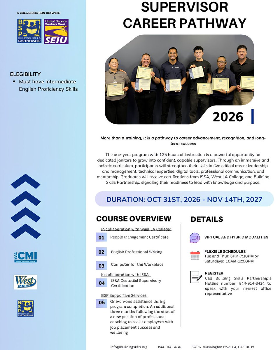 Building_Skills's tweet photo. Ready to grow into a leadership role?
We’re proud to offer a one year, 125 hour training program designed for janitors ready to take the next step into leadership.

This program builds essential skills in leadership, technical expertise, digital tools, communication, and mentorship equipping you for long-term career success.

Graduates will earn certifications from ISSA, West LA College, and Building Skills Partnership.

Call BSP at 1-844-914-3434 to register.