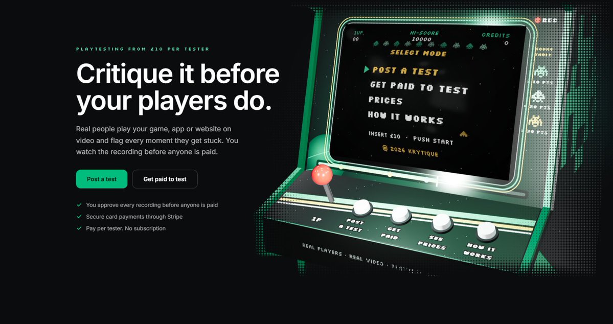 KrytiqueDev's tweet photo. I'm 15 and I've spent the last year building a site where strangers playtest your game on video. Every time they get stuck they drop a pin at that exact second, and you click it to watch what went wrong. Would you use this for your game?  #indiedev  #gamedev https://t.co/dCgsqT6OYu
