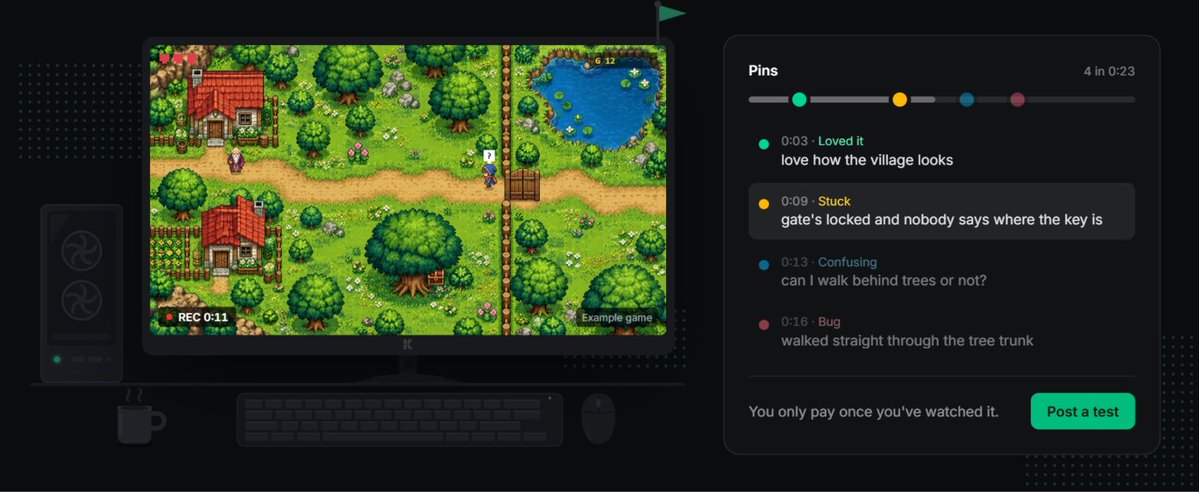 KrytiqueDev's tweet photo. I'm 15 and I've spent the last year building a site where strangers playtest your game on video. Every time they get stuck they drop a pin at that exact second, and you click it to watch what went wrong. Would you use this for your game?  #indiedev  #gamedev https://t.co/dCgsqT6OYu