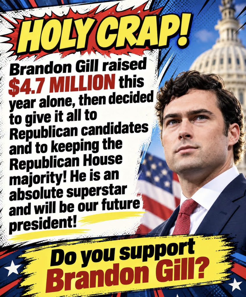 Luna_Jones79's tweet photo. Have you heard what Brandon Gill just did?

This man raised $4.7 MILLION this year alone and then turned around and gave it ALL to Republican candidates to help keep the House majority!

That's not just talk, that's real leadership putting America First. A true superstar and a future President in the making.

What do you think of this move?