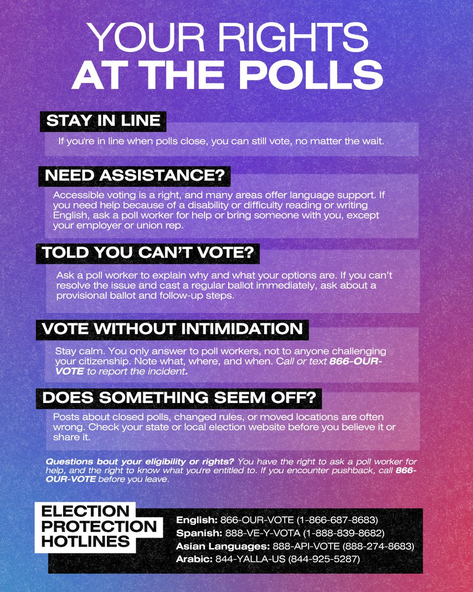 NatlVoterRegDay's tweet photo. If you're in line when polls close, stay in line. You have the right to vote no matter how long the wait, as long as you were in line before closing time. https://t.co/uRhReWSTIT #NationalVoterEducationWeek https://t.co/Q4To2uc2em