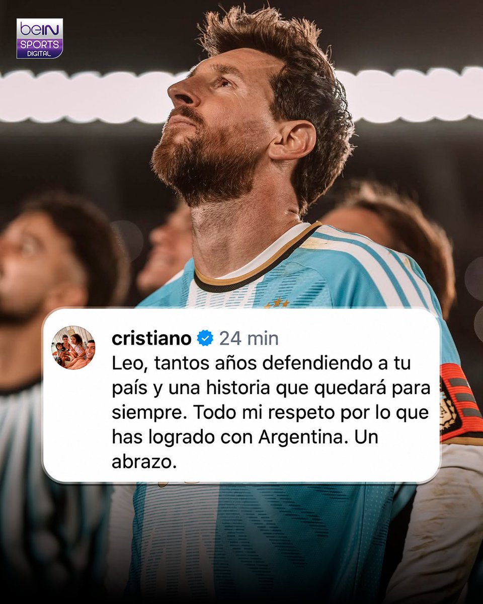 ESbeINSPORTS's tweet photo. 🐐🤝🐐 Cristiano reaccionó a la despedida de Messi.

El mensaje de despedida de Lionel Messi con Argentina generó reacciones de todo el mundo. Y entre ellas, apareció Cristiano Ronaldo.

¿Esperabas este mensaje de CR7? 👀

#beINSPORTS #Messi #CristianoRonaldo https://t.co/ZwBTtg9sbg