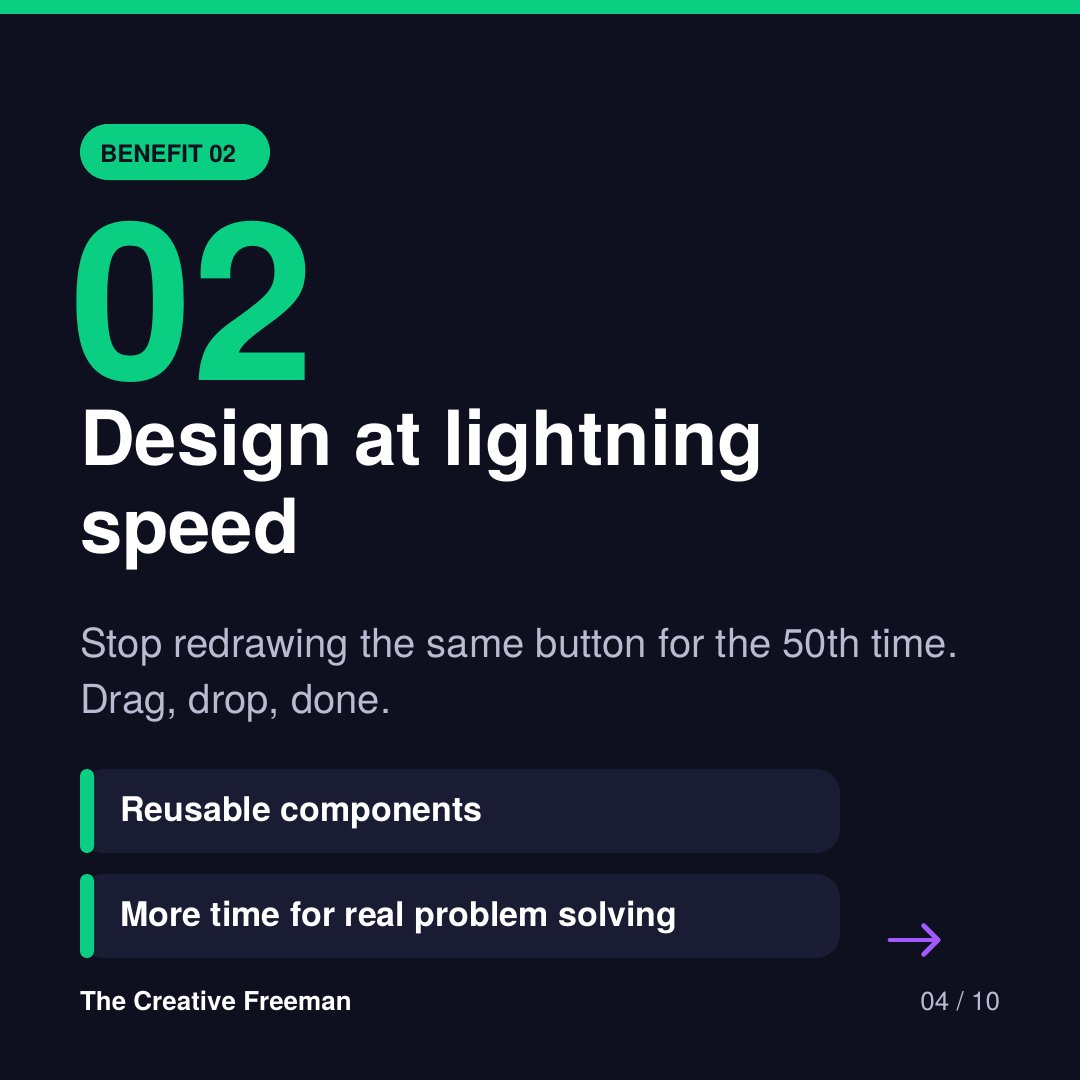 Patrick11235770's tweet photo. Design systems in Figma, in one line:
Design it once, reuse it everywhere, update it in seconds.
Consistency. Speed. Scale. Clean dev handoff.
Swipe the carousel for the 5 benefits 👇
#Figma #DesignSystem #UIUX #ProductDesign https://t.co/8PRVtPP04h