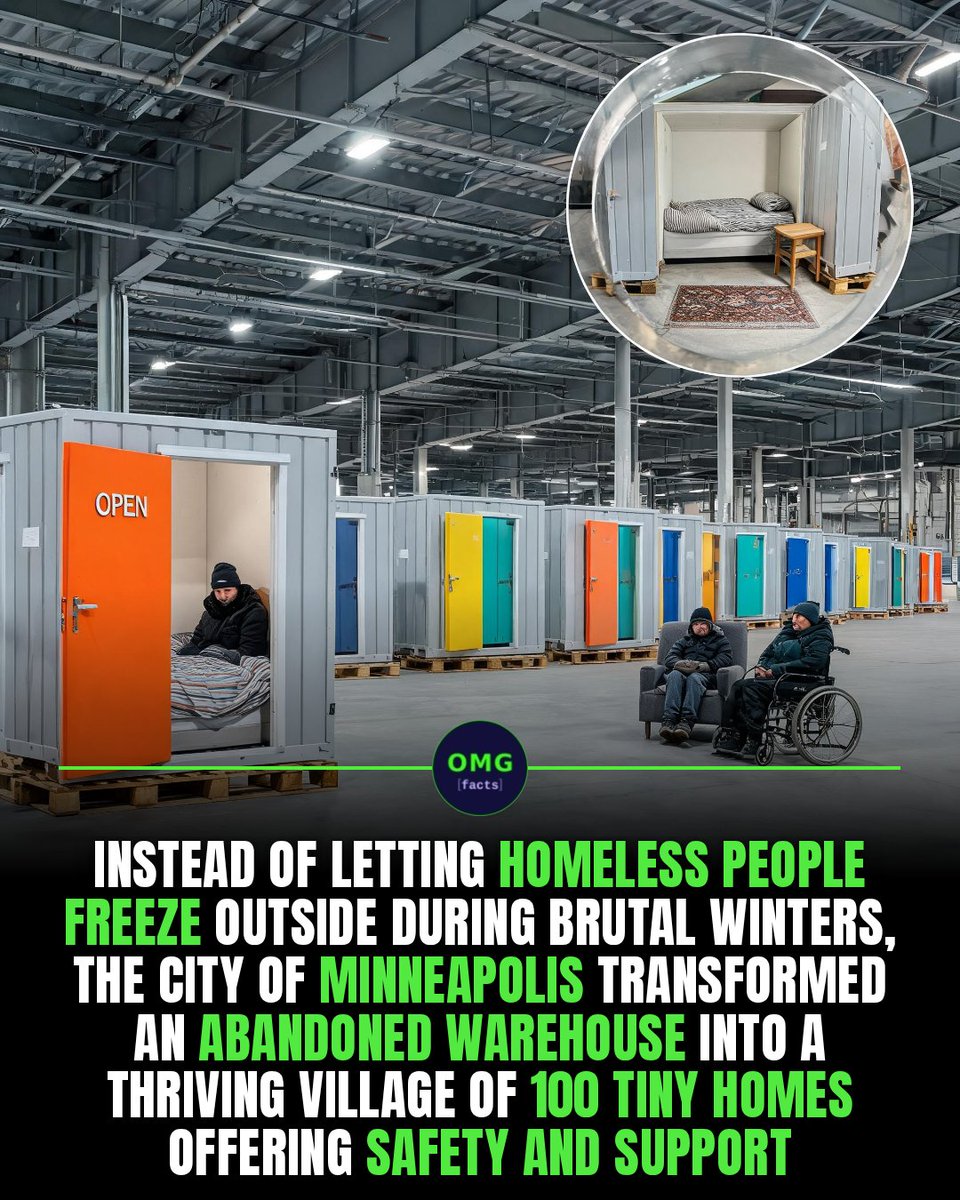 OMGFacts's tweet photo. 🏠 A Minneapolis warehouse now houses 100 people.

Avivo Village gives each resident a private tiny home.

A real path off the streets.

Sources: Star Tribune, MPR

#omgfacts #Minneapolis #TinyHomes https://t.co/hsSjdAl49n